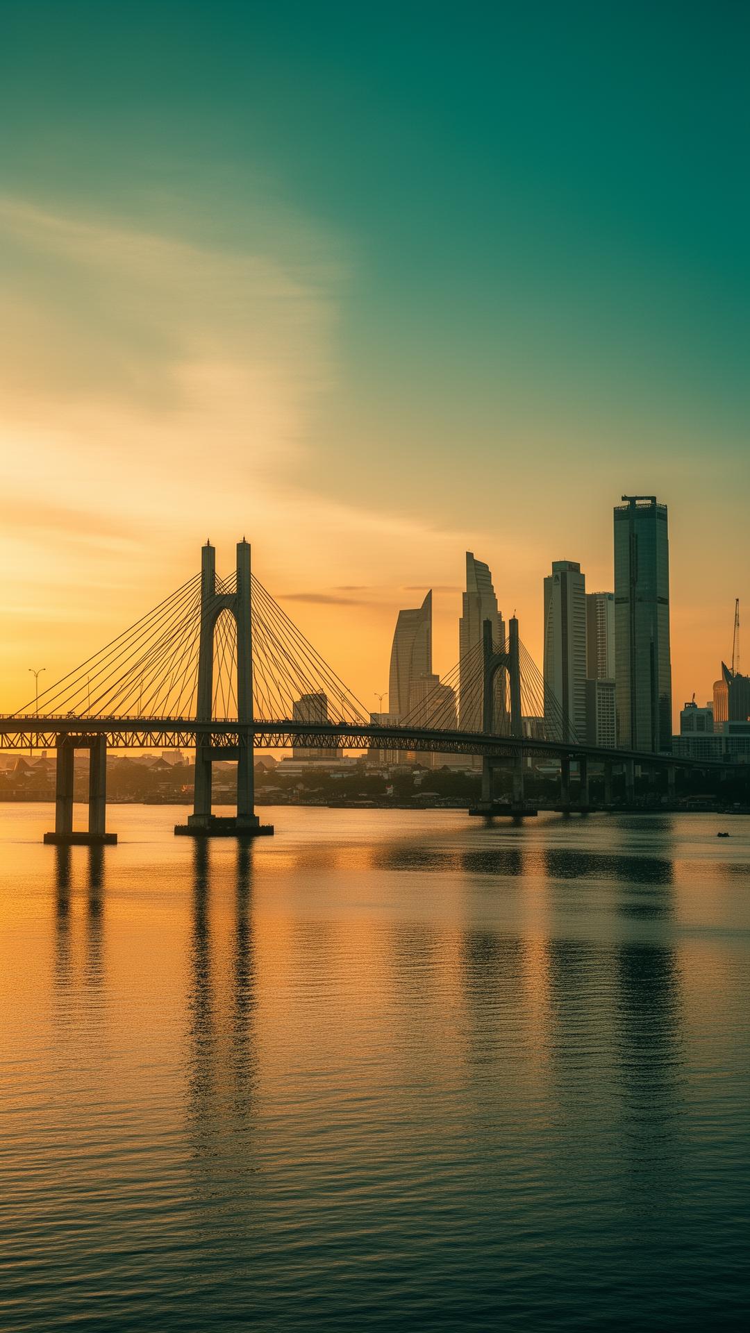Suramadu Bridge and Surabaya skyline at golden hour
