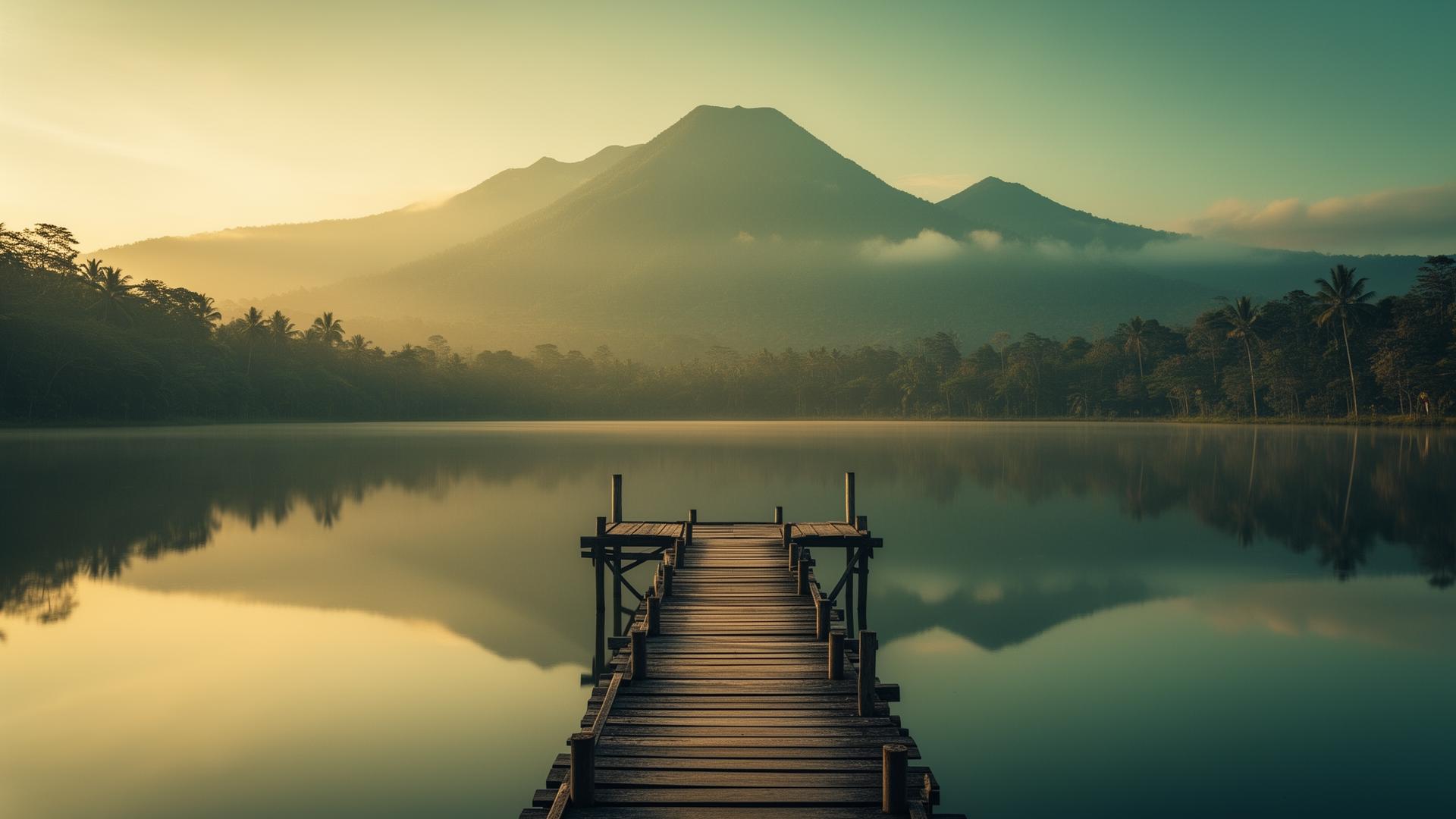 Tranquil Indonesian lake with wooden jetty at golden hour