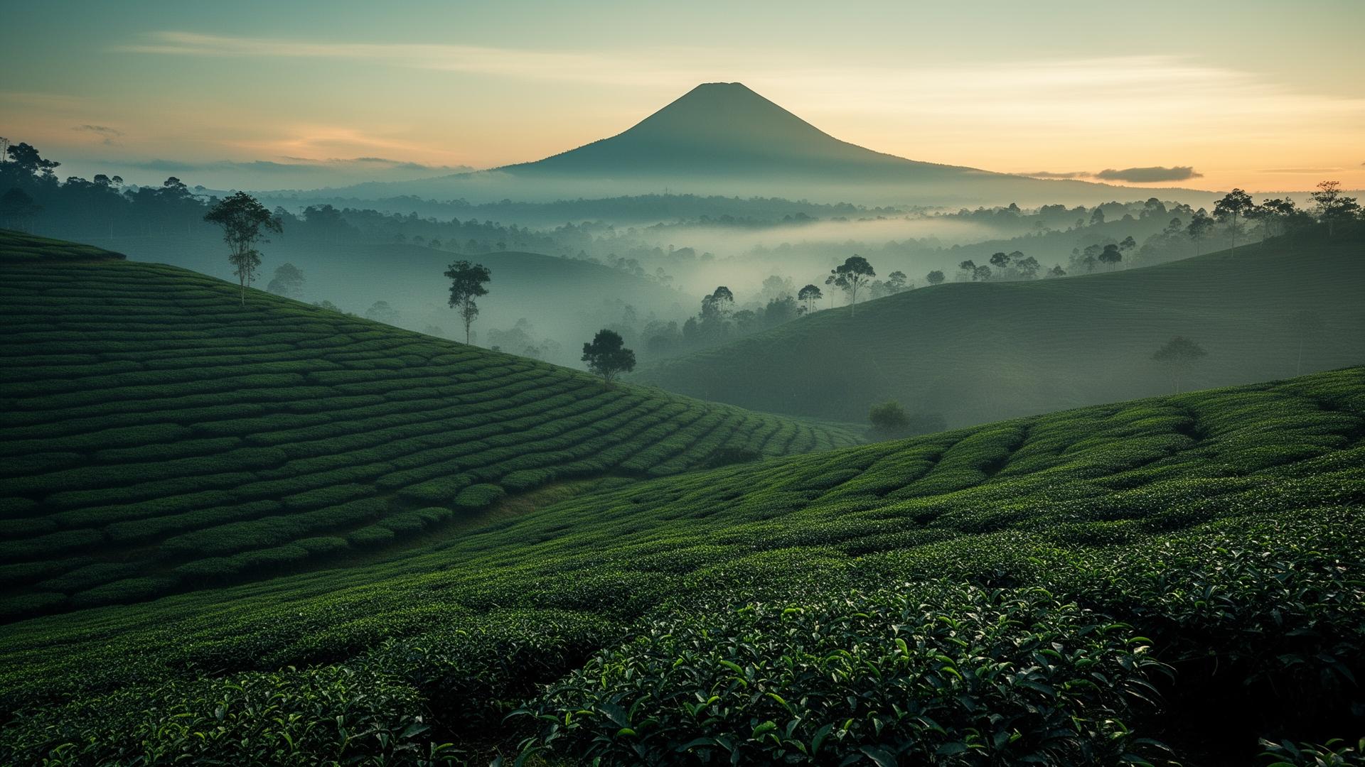 Misty Indonesian highland tea plantation at sunrise